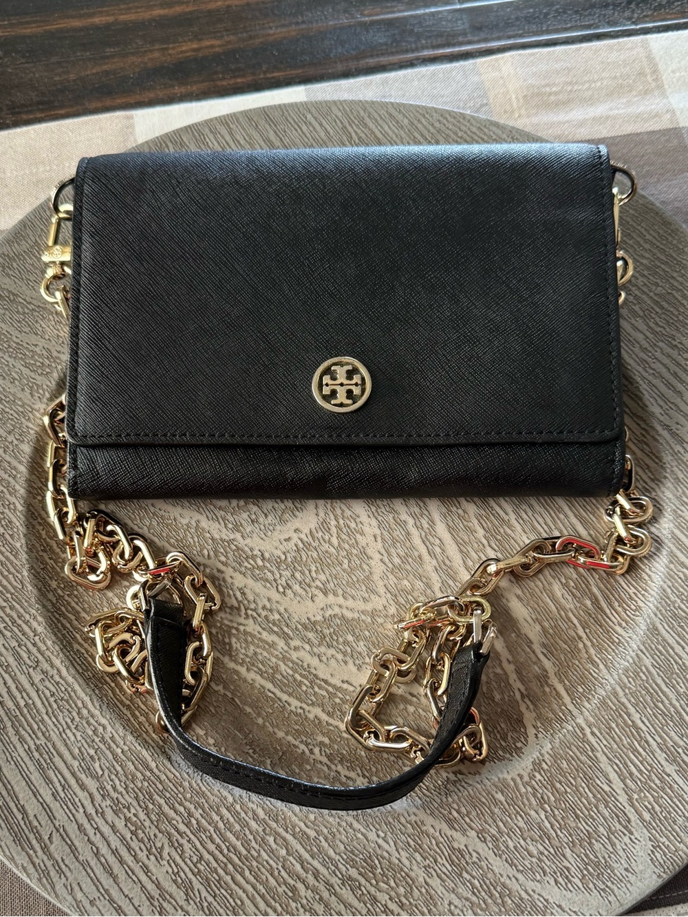 Tory Burch Black Saffiano Leather Chain-Accent Crossbody